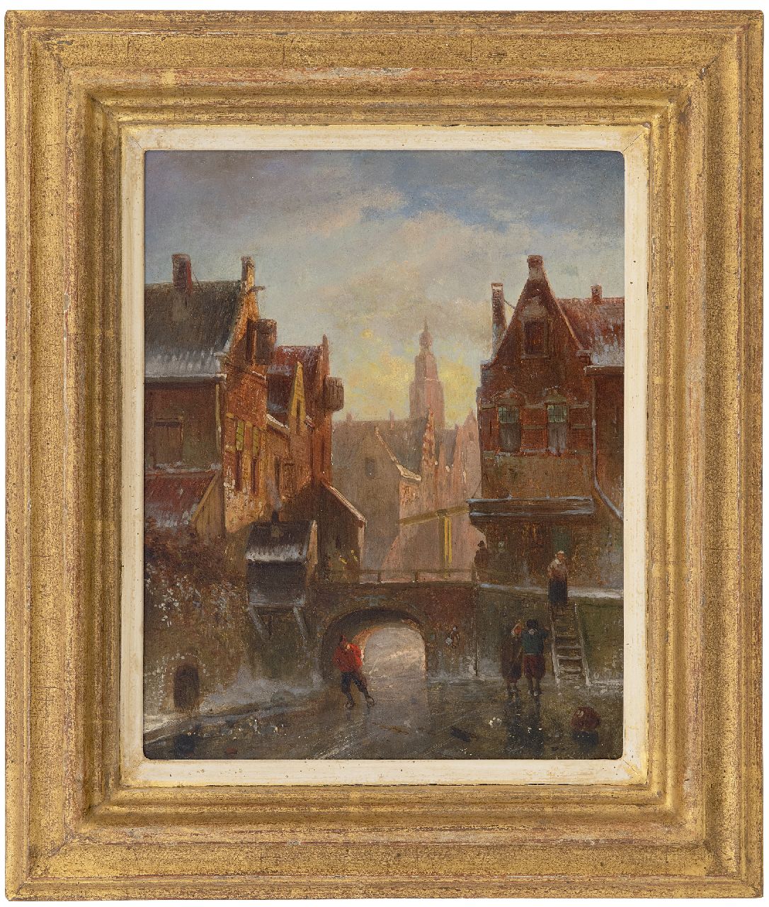 Leickert C.H.J.  | 'Charles' Henri Joseph Leickert | Paintings offered for sale | Winter townscape with figures on the ice, oil on panel 25.1 x 19.8 cm, signed l.r.