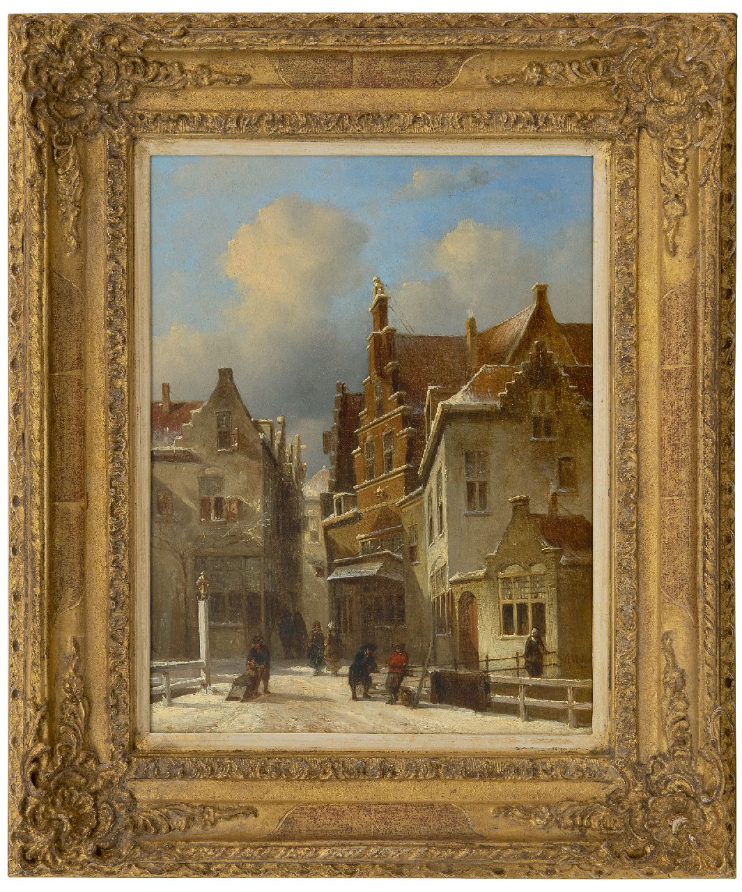 Vertin P.G.  | Petrus Gerardus Vertin | Paintings offered for sale | Snowy townscape with figures on a bridge, oil on panel 35.0 x 27.1 cm, signed l.r. and dated '43