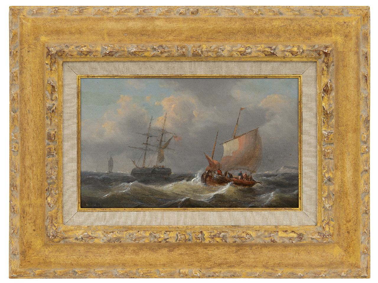 Opdenhoff G.W.  | Witzel 'George Willem' Opdenhoff | Paintings offered for sale | Sailing ships on rough seas, oil on panel 14.6 x 23.4 cm, signed l.l.