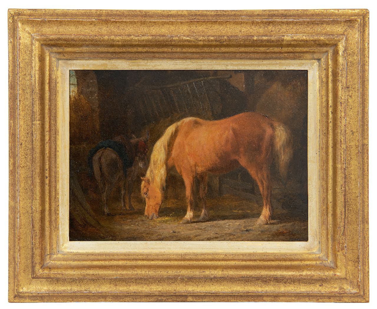 Os P.F. van | Pieter Frederik van Os | Paintings offered for sale | Horse and donkey in stable, oil on panel 16.3 x 22.4 cm, signed l.l.