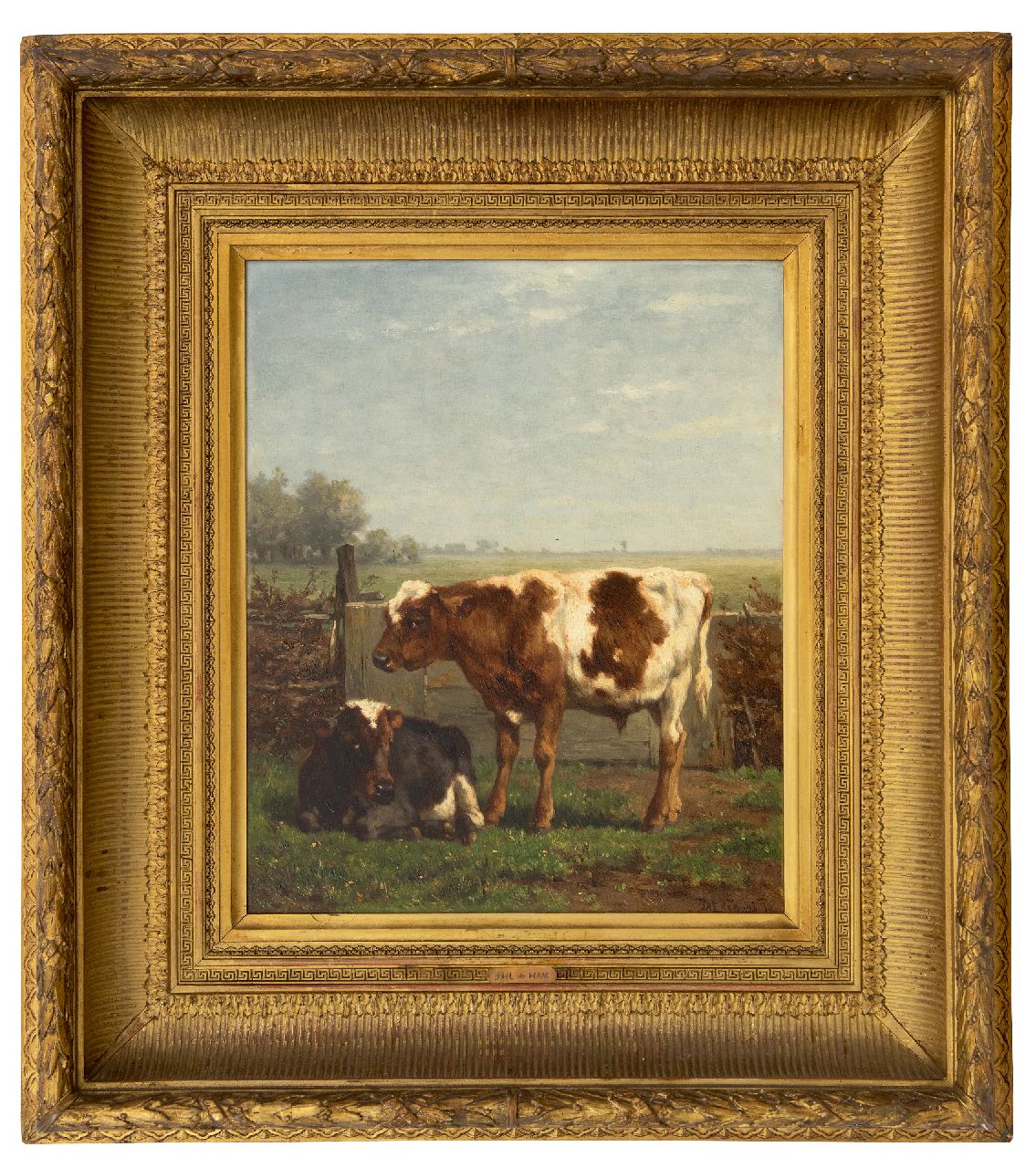 Haas J.H.L. de | Johannes Hubertus Leonardus de Haas | Paintings offered for sale | Two young cows by a fence, oil on panel 43.1 x 35.3 cm, signed l.r. and dated '70