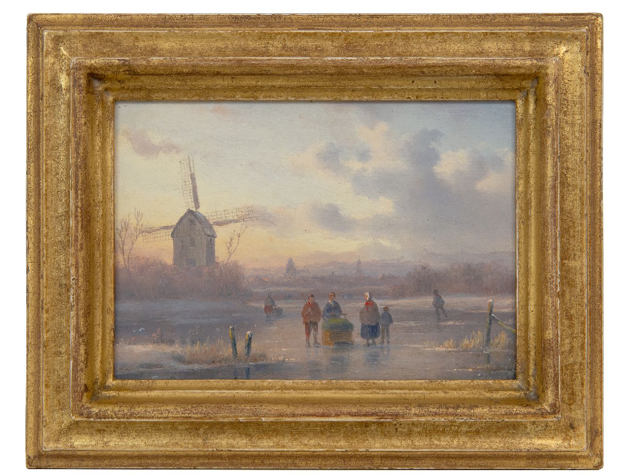 Ahrendts C.E.  | Carl Eduard Ahrendts | Paintings offered for sale | Figures on a frozen river at sunset, oil on panel 14.7 x 21.0 cm