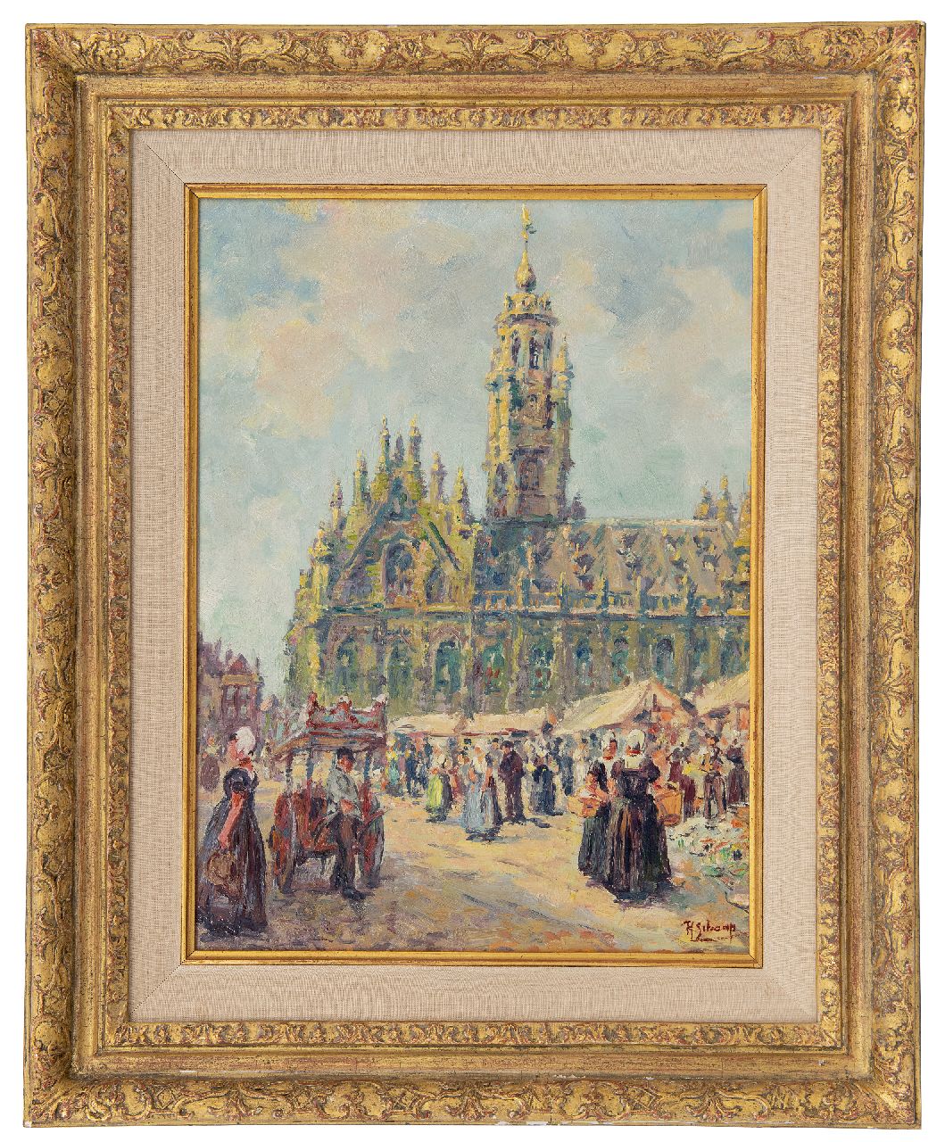Schaap H.  | Hendrik Schaap | Paintings offered for sale | Market at the town hall of Middelburg, oil on painter's board 40.7 x 30.8 cm, signed l.r.