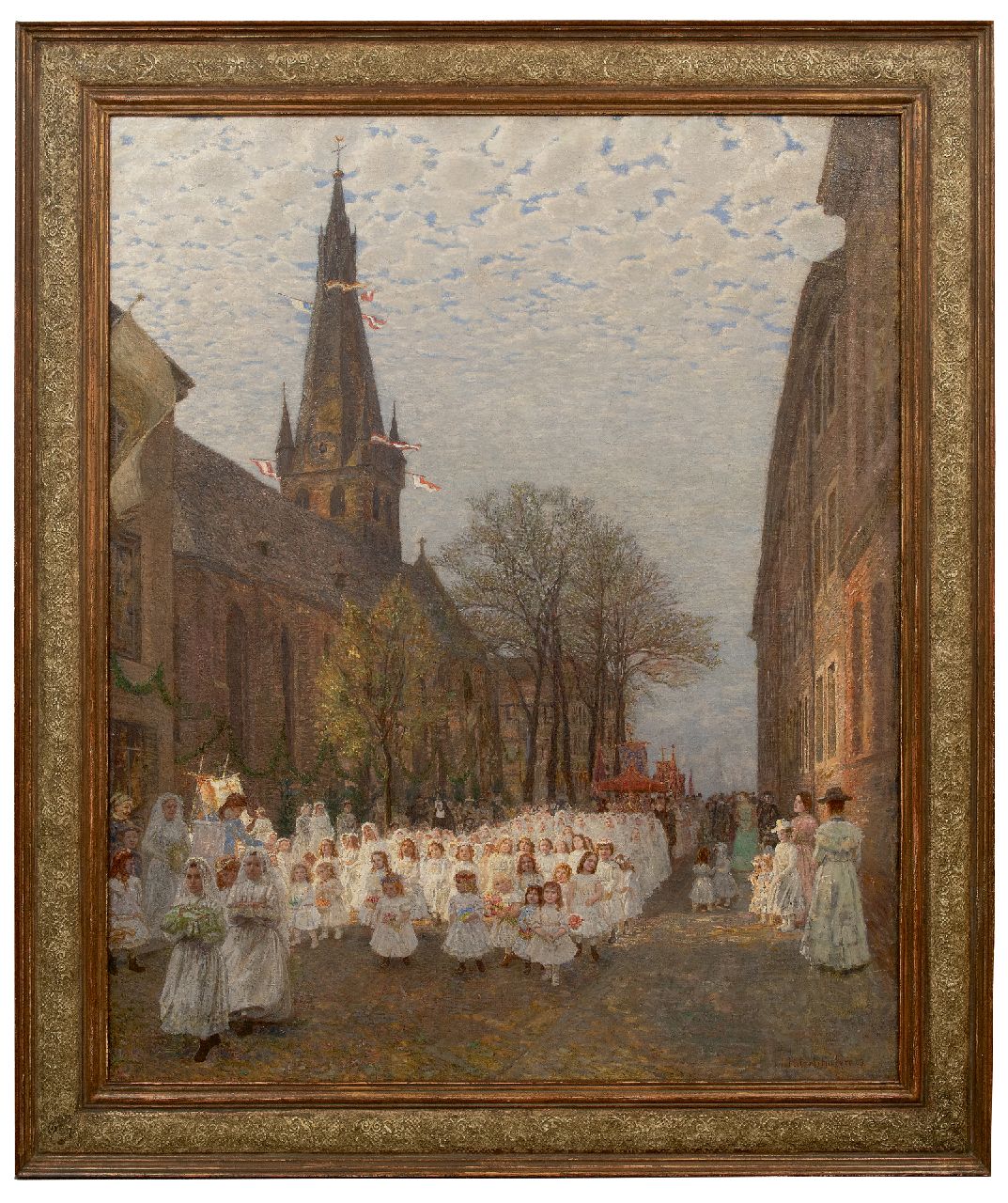 Ritzenhofen H. | Hubert Ritzenhofen | Paintings offered for sale | Procession by the church of St. Lambertus in Düsseldorf, oil on canvas 116.9 x 96.0 cm, signed l.r. and on the reverse on the label and dated '09 Ritzenhofen H. | Hubert Ritzenhofen | Paintings offered for sale | Procession by the church of St. Lambertus in Düsseldorf, oil on canvas 116.9 x 96.0 cm, signed l.r. and on the reverse on the label and dated '09