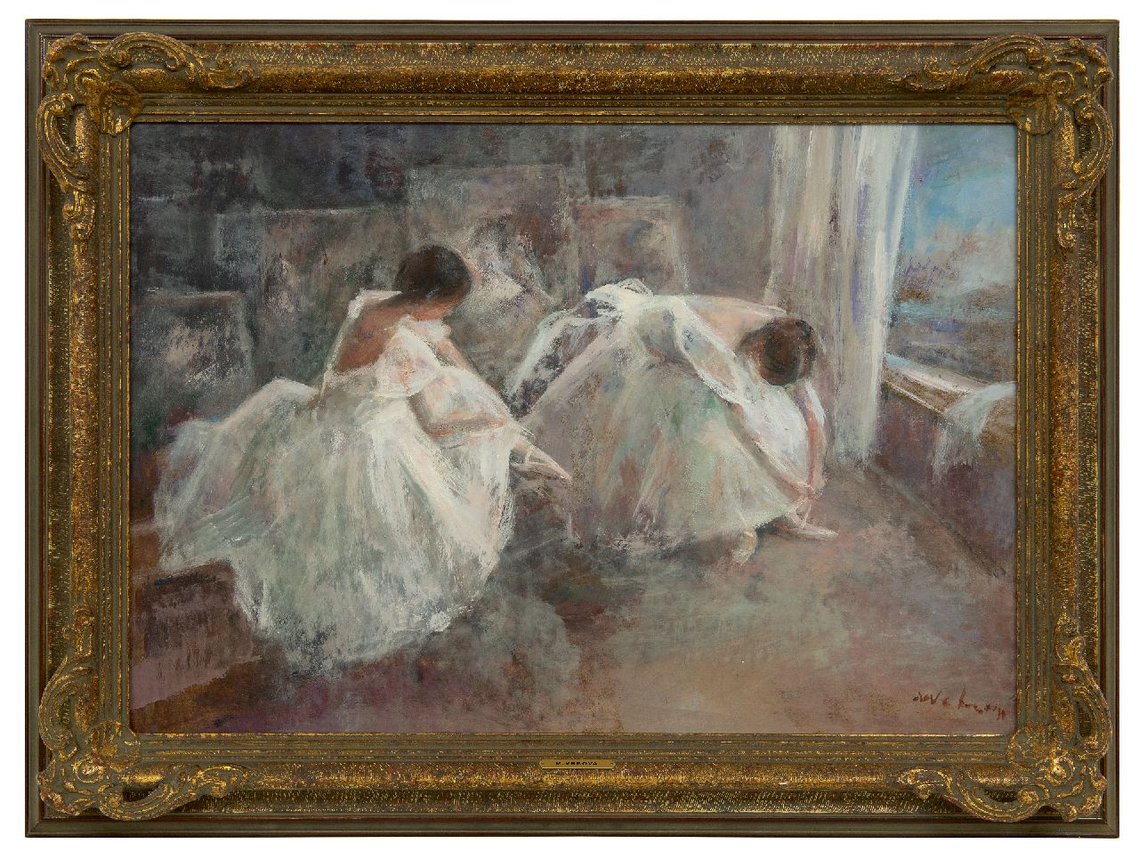 Vrbová-Štefková M.  | Miroslava Vrbová-Štefková | Paintings offered for sale | Dancers in a painters studio, oil on board 45.0 x 65.0 cm, signed l.r. (indistinctly) and without frame