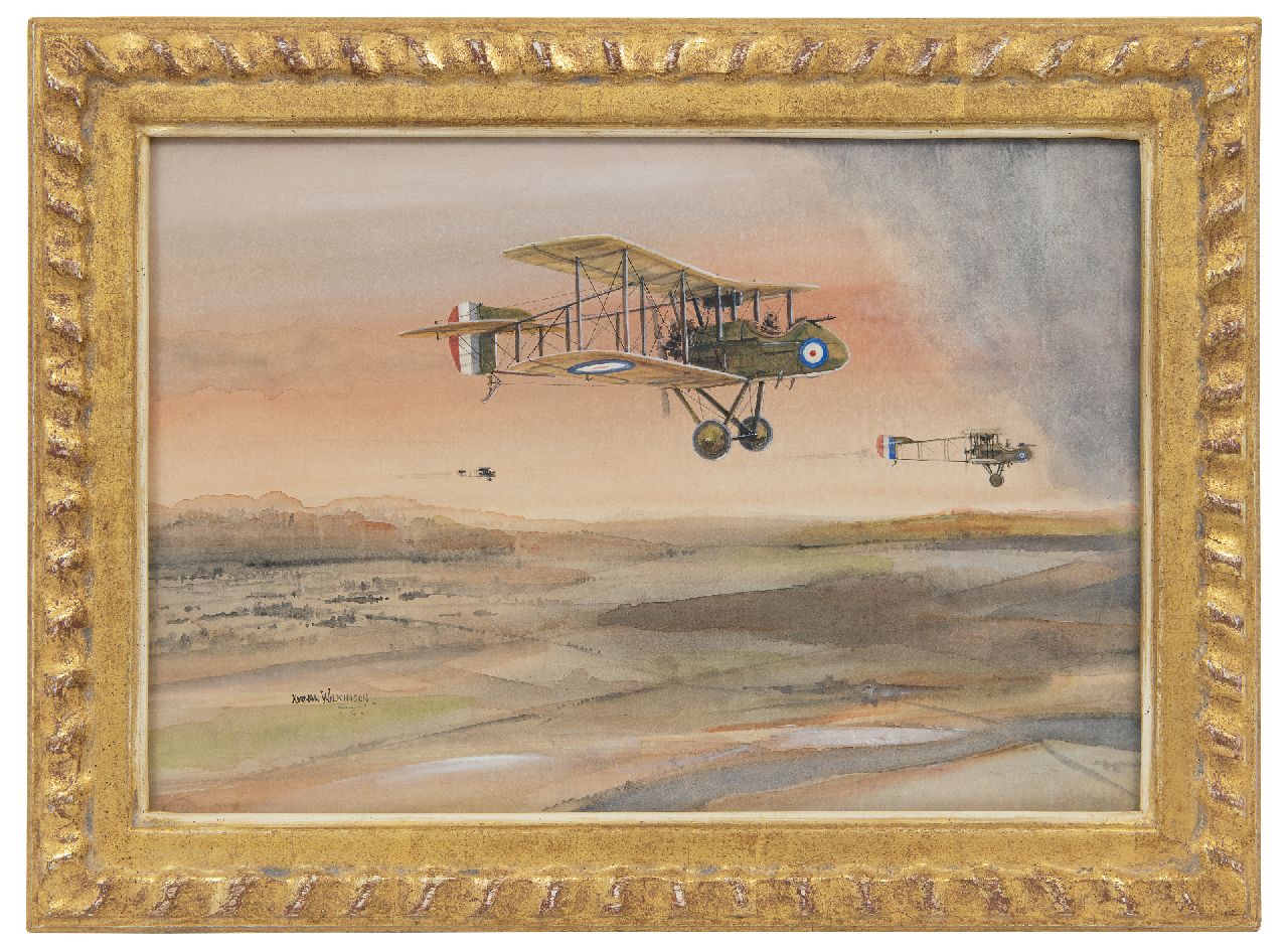 Wilkinson N.  | Norman Wilkinson | Watercolours and drawings offered for sale | British fighter planes over the Somme, France, in front L. Hawker, watercolour on paper laid down on board 27.9 x 40.8 cm, signed l.l. and dated '16