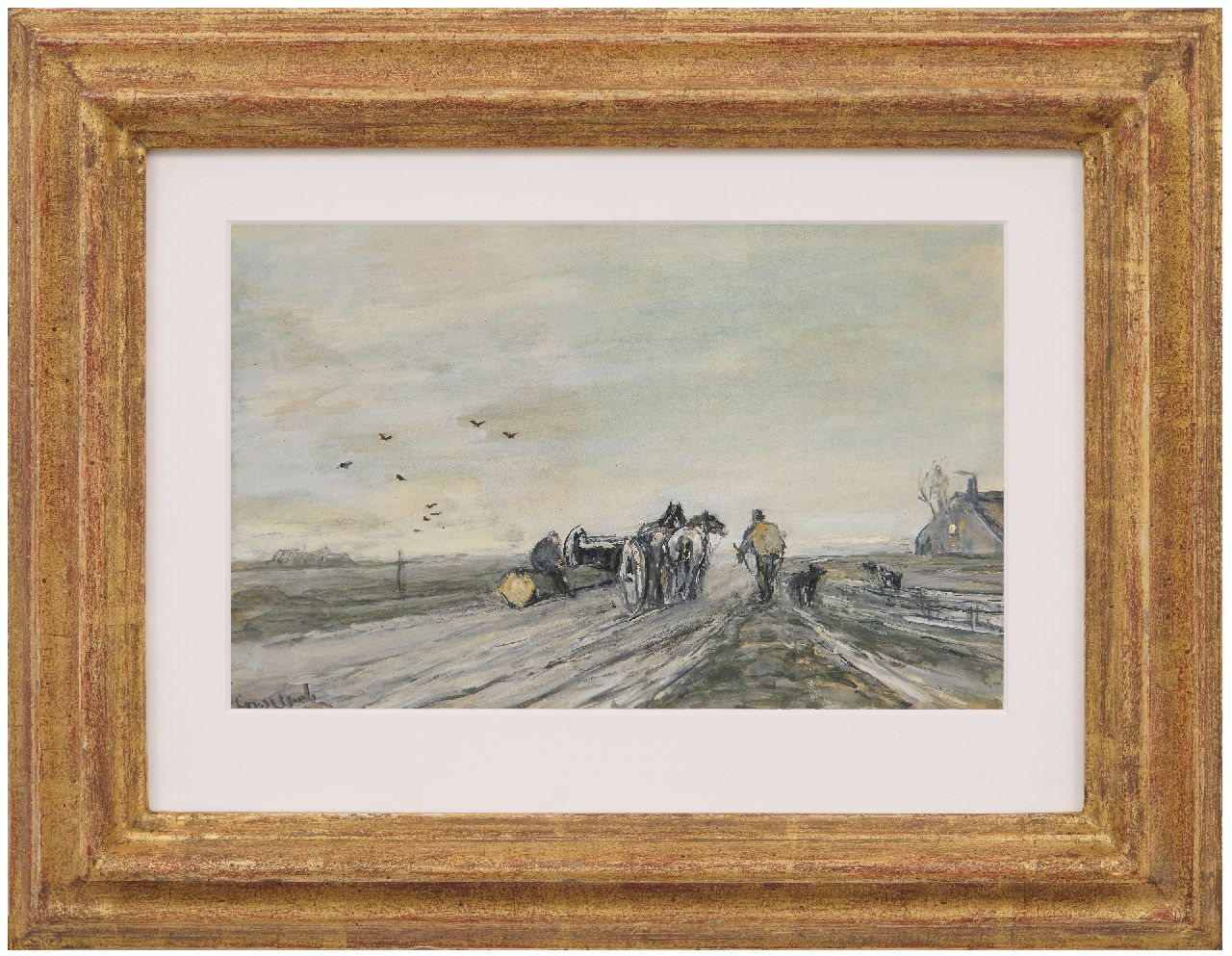 Apol L.F.H.  | Lodewijk Franciscus Hendrik 'Louis' Apol | Watercolours and drawings offered for sale | Lumbermen with wagon in a winter landscape, watercolour and gouache on paper 15.7 x 24.7 cm, signed l.l.