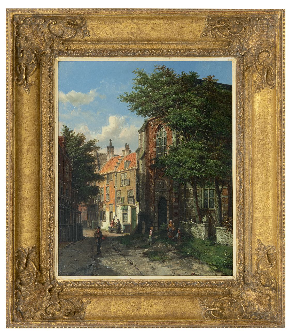 Koekkoek W.  | Willem Koekkoek, Sunny street ibehind the church (Asperen), oil on canvas 56.5 x 46.2 cm, signed l.l.