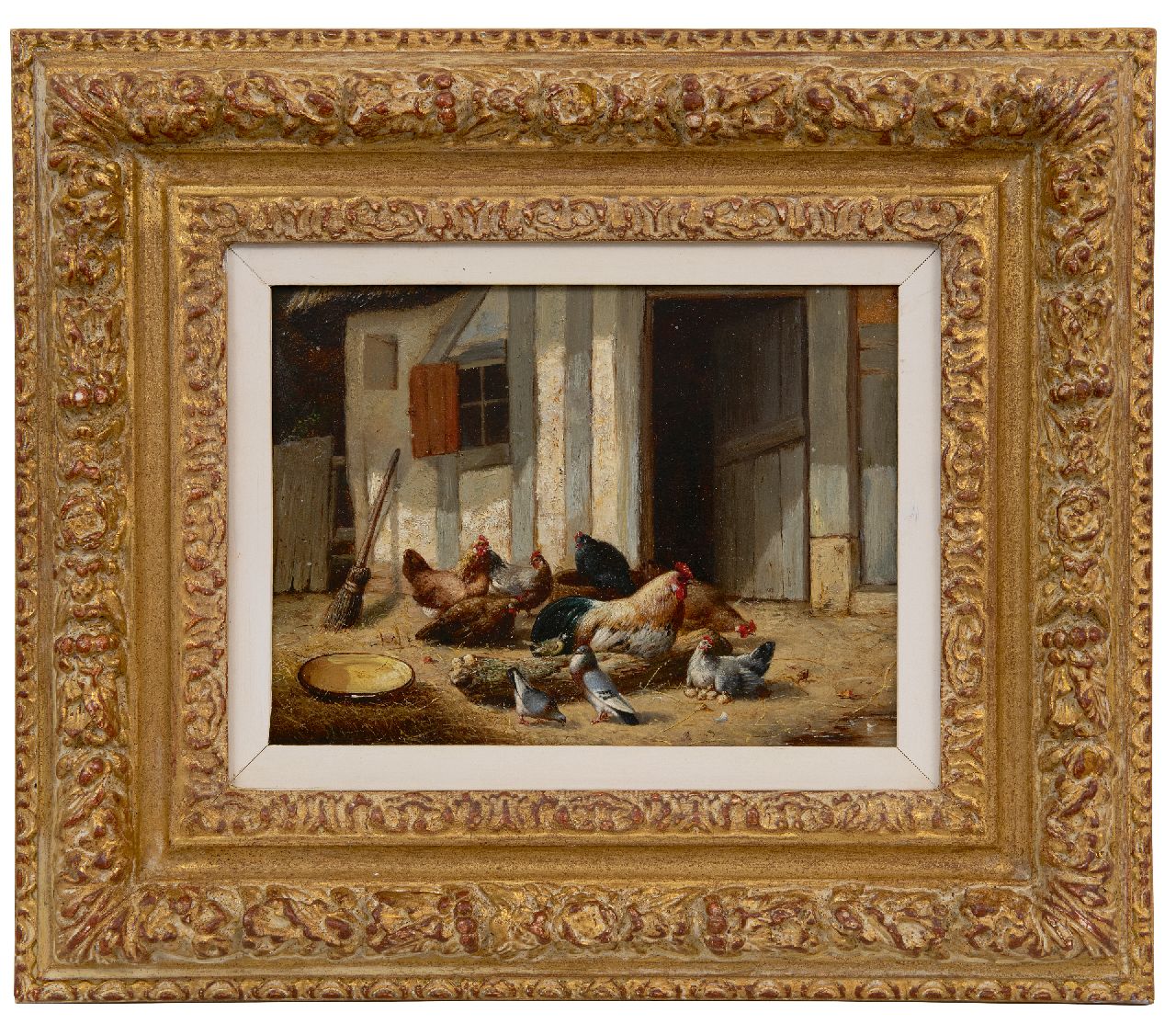 Maes E.R.  | Eugène Remy Maes | Paintings offered for sale | Rooster and chickens on the farmyard, oil on panel 17.8 x 24.0 cm, 1860