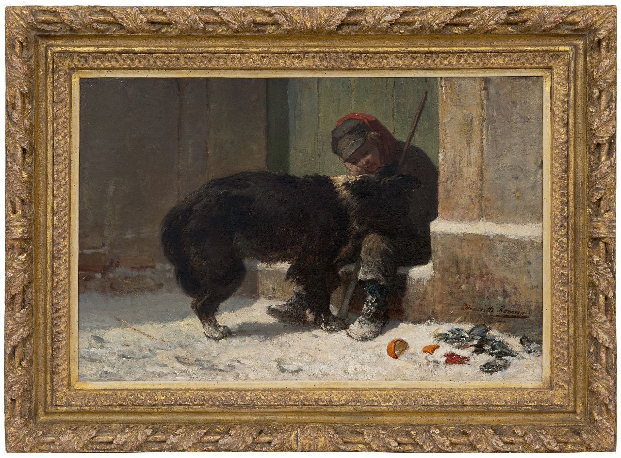 Ronner-Knip H.  | Henriette Ronner-Knip | Paintings offered for sale | Boy with his dog in the snow, oil on canvas 37.5 x 56.4 cm, signed l.r.