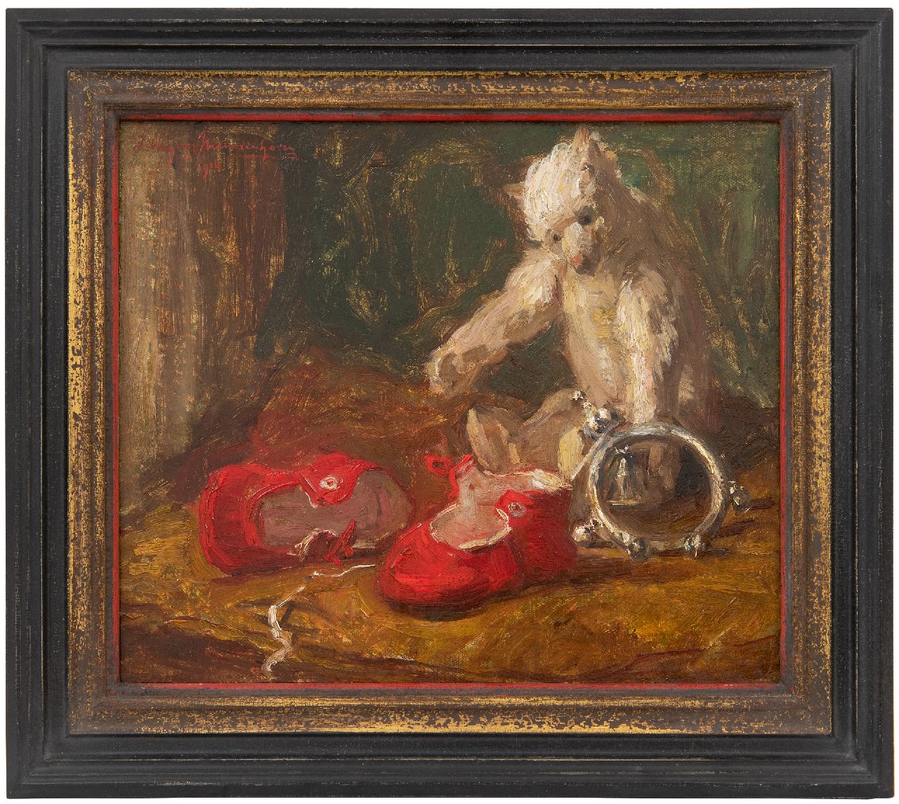 Nieuwenhoven W. van | Willem van Nieuwenhoven | Paintings offered for sale | Still life with bear and red children's shoes, oil on canvas 30.0 x 35.9 cm, signed u.l. and dated 1914
