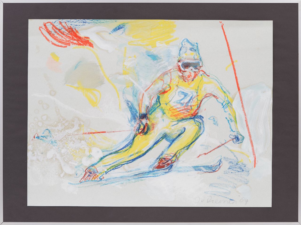 Diemen J. van | Jan van Diemen, Slalom skier, gouache and chalk on paper 50.0 x 65.0 cm, signed l.r. and dated '84