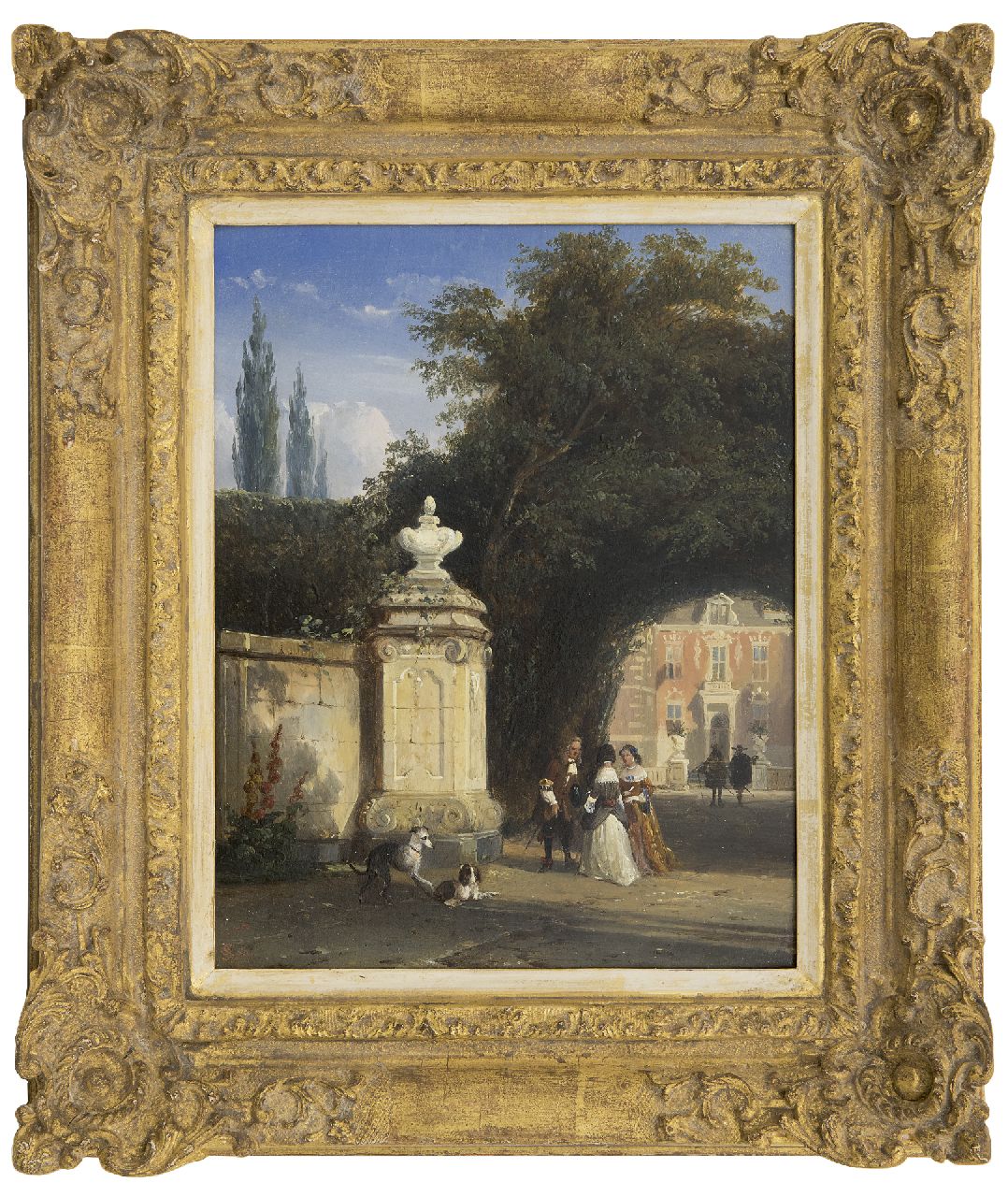 Springer C.  | Cornelis Springer, An elegant company at the gate of Nederhorst castle, oil on panel 25.6 x 20.1 cm, signed l.l. with monogram and dated '48