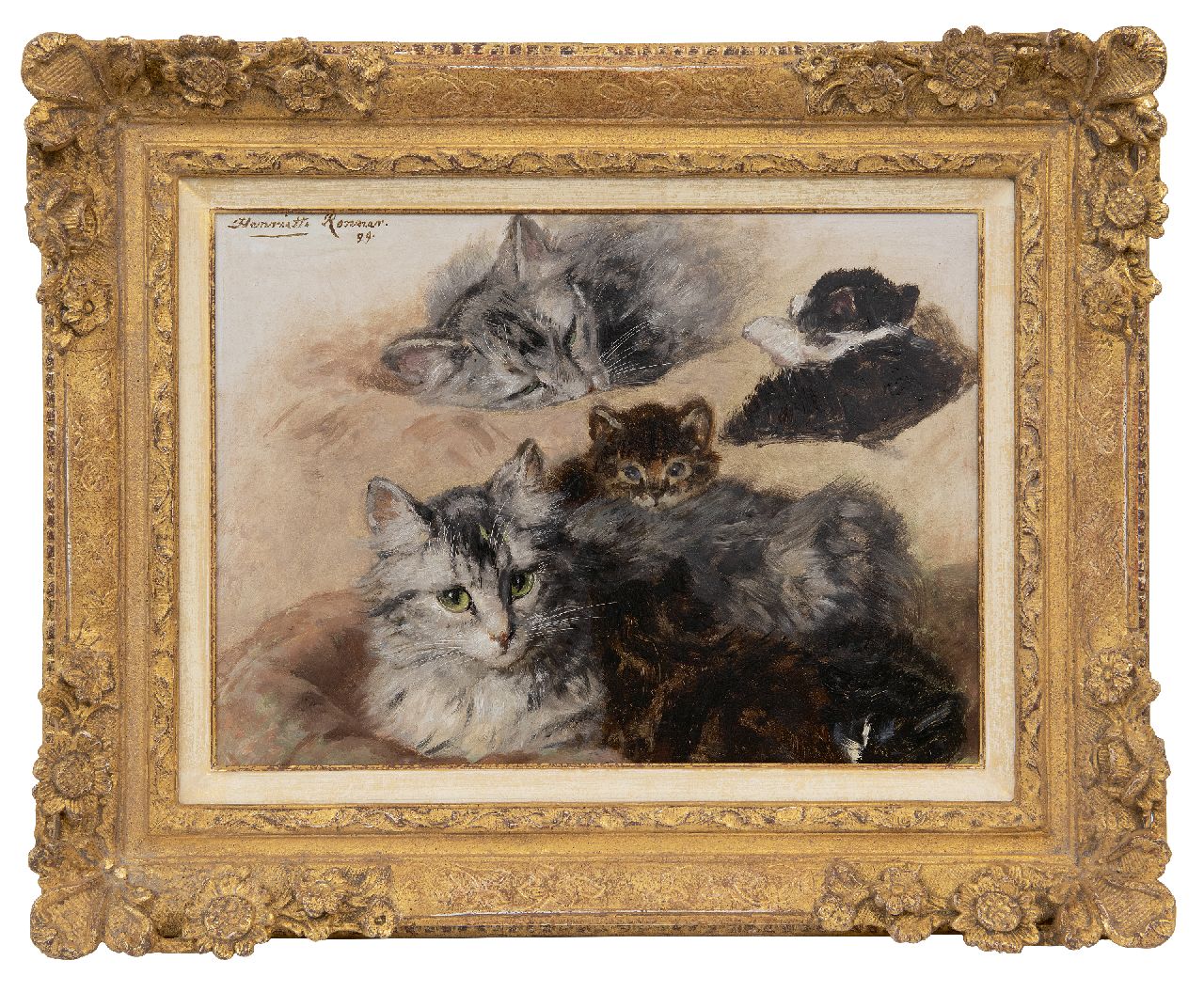 Ronner-Knip H.  | Henriette Ronner-Knip, Study of a cat and kittens, oil on panel 27.7 x 37.4 cm, signed u.l. and dated '99