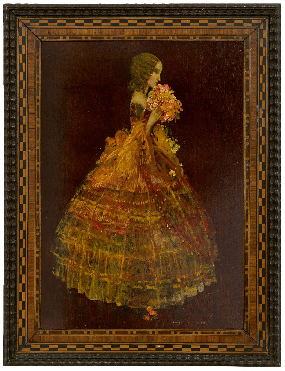 Belle K. van | Karel van Belle | Paintings offered for sale | Woman in yellow ball gown, oil on panel 41.8 x 29.6 cm, signed l.r.
