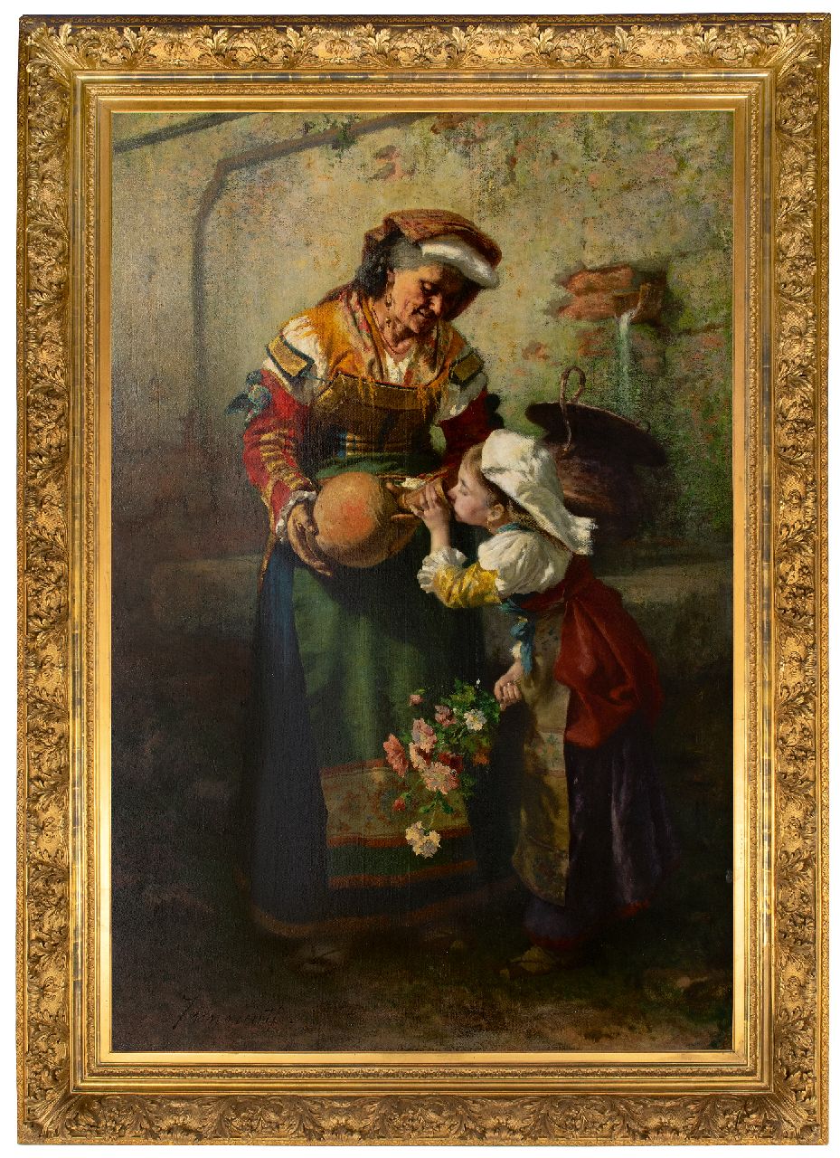 Innocenti G.  | Guglielmo Innocenti, At the fountain, oil on canvas 195.5 x 130.5 cm, signed l.l.