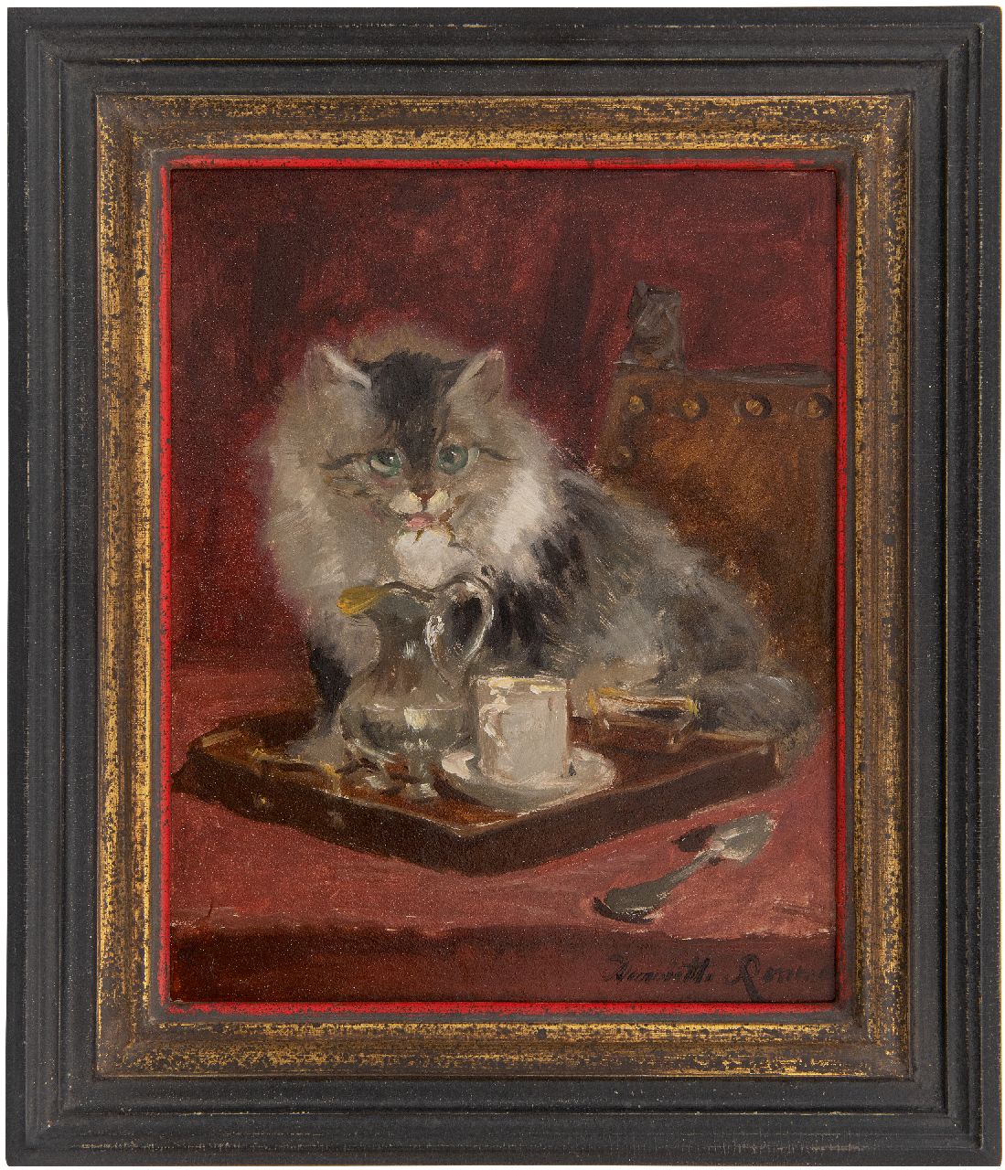 Ronner-Knip H.  | Henriette Ronner-Knip, Cat at tray with jug and cup, oil on painter's board 31.9 x 25.6 cm, signed l.r.