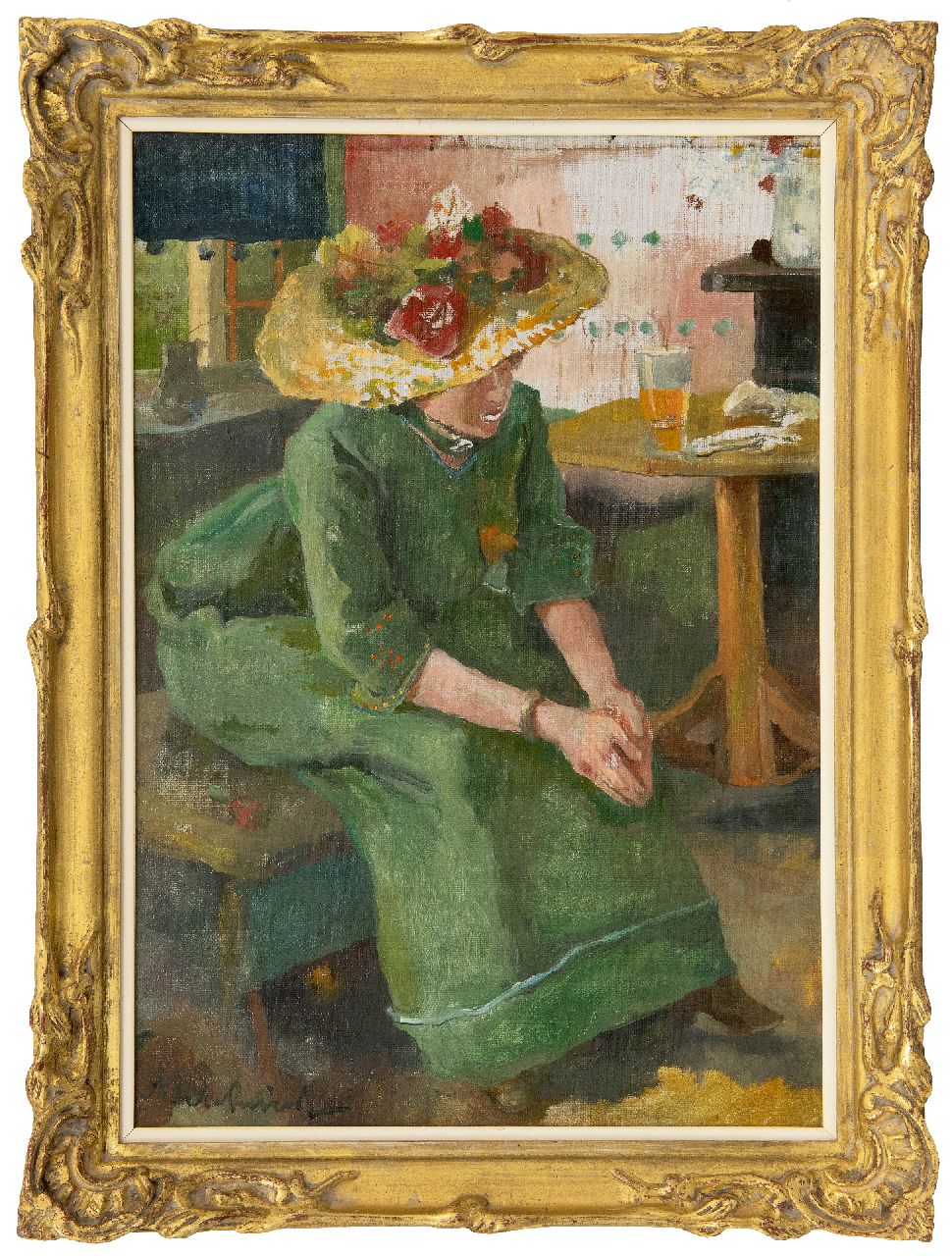 Rivière A.P. de la | Adrianus Philippus 'Adriaan' de la Rivière | Paintings offered for sale | Woman in green dress, oil on canvas 40.3 x 28.3 cm, signed l.l.