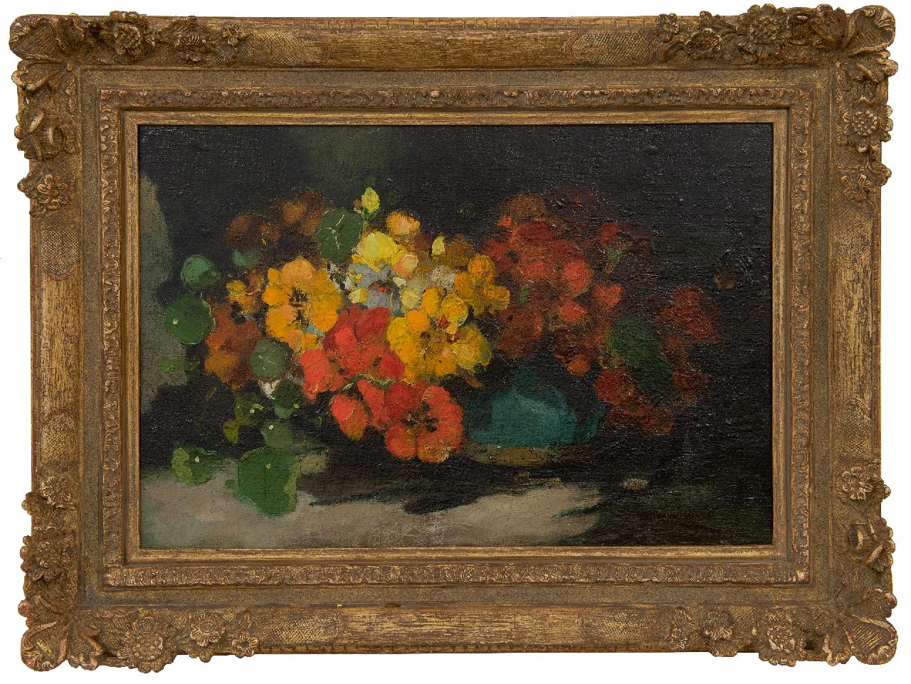 Lerven G.J. van | Geerard Johan 'Gerard' van Lerven, Nasturtium in glazed pot, oil on canvas laid down on panel 32.2 x 48.3 cm, signed l.r. and dated 1907