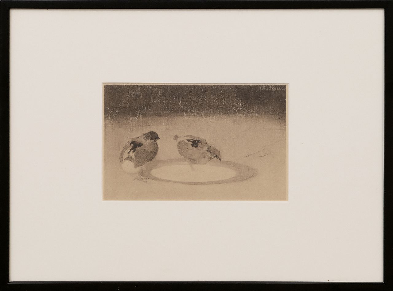 Mankes J.  | Jan Mankes, Two chicks on a pewter plate, heliografie 13.0 x 20.0 cm, to be dated 1910