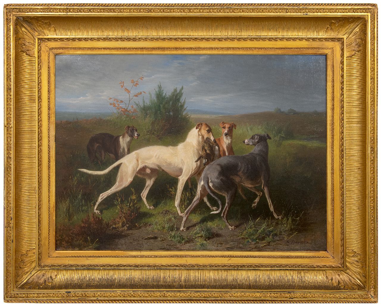 Cunaeus C.  | Conradijn Cunaeus, Hunting dogs with a prey, oil on canvas 65.2 x 90.2 cm, signed l.r.