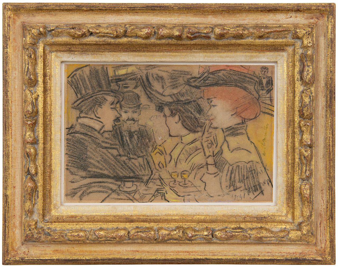 Toorop J.Th.  | Johannes Theodorus 'Jan' Toorop | Watercolours and drawings offered for sale | Elegant company in Café de la Paix, Paris, black and coloured chalk on paper 14.6 x 22.1 cm, signed l.r. and dated 1904