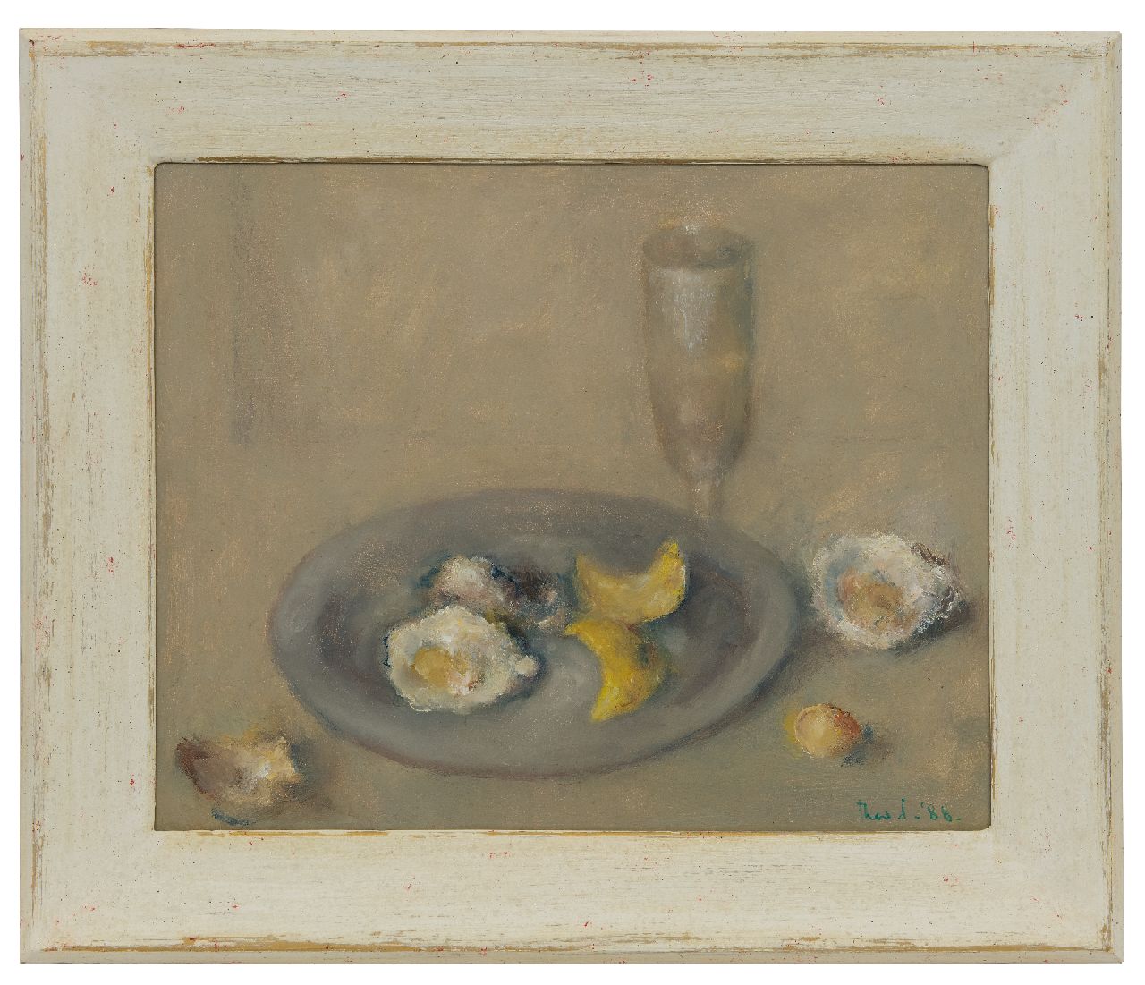 Swagemakers T.  | Theo Swagemakers, Still life with oysters and lemon peels on a pewter plate, oil on panel 39.5 x 49.4 cm, signed l.r. and dated '88