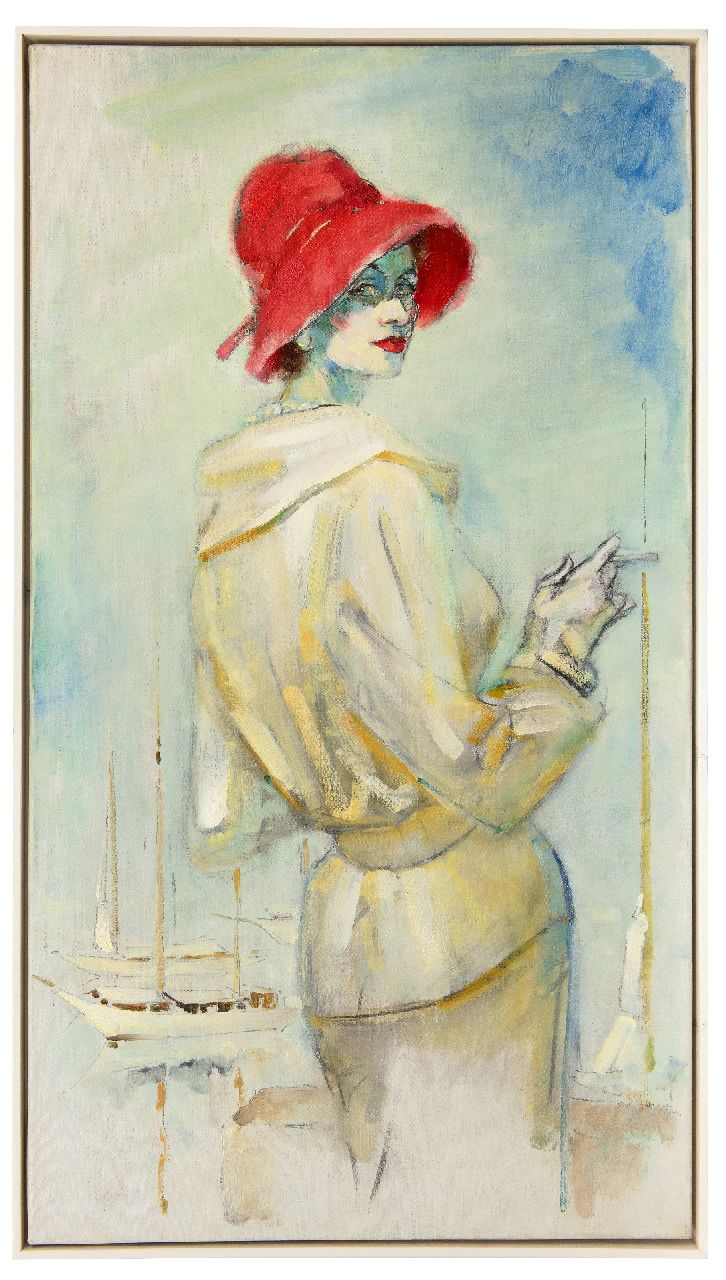 Kruizinga D.  | Dirk Kruizinga | Paintings offered for sale | Fashionable woman with red hat, oil on canvas 109.8 x 60.3 cm