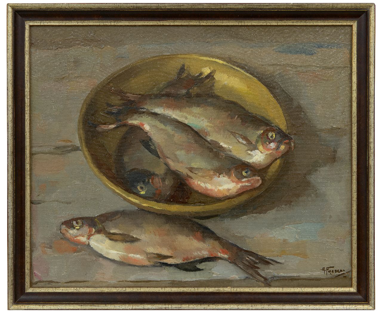 Fresco A.  | Abraham Fresco, Herring in a bowl, oil on canvas 33.2 x 40.6 cm, signed l.r.