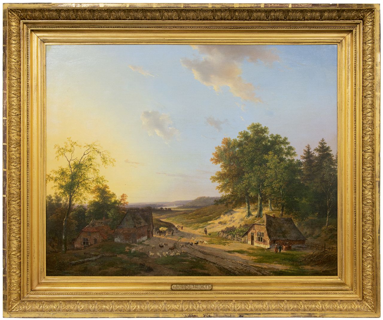 Schelfhout A.  | Andreas Schelfhout, Extensive river landscape with a shepherd and land folk, oil on canvas 75.0 x 94.5 cm, signed l.l.