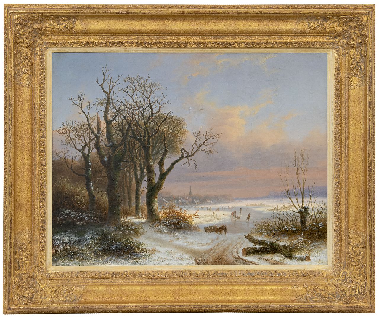 Vijver W.S.P. van der | Willem Simon Petrus van der Vijver, A winter landscape with skaters near a village, oil on canvas 48.8 x 62.5 cm, signed l.r. and dated 1854