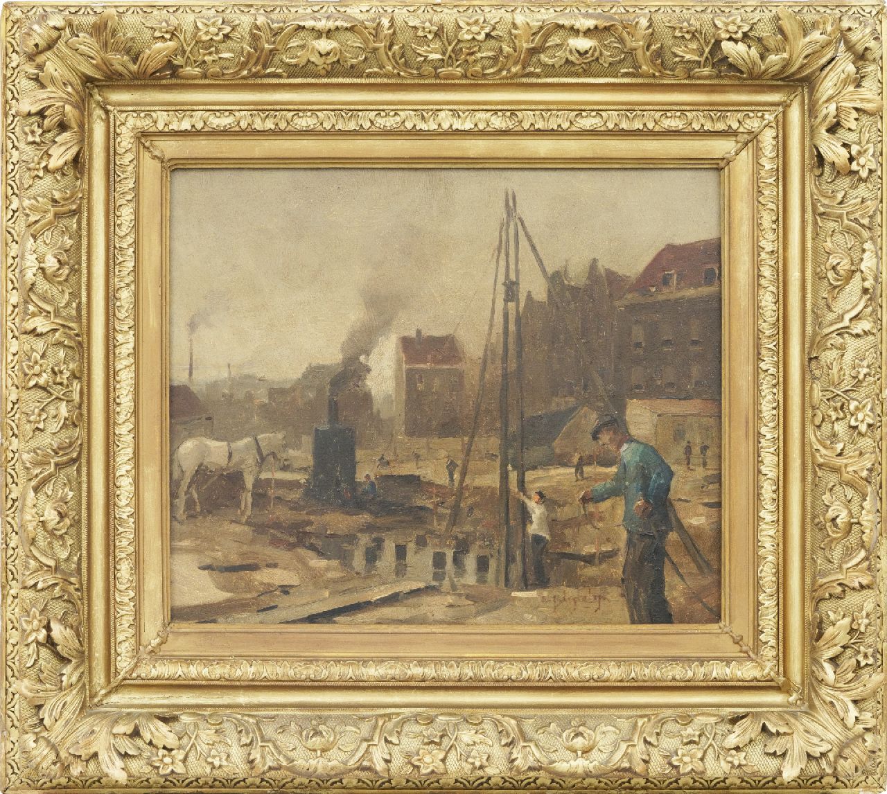 Ligtelijn E.J.  | Evert Jan Ligtelijn, Construction site in Amsterdam, oil on panel 39.8 x 47.9 cm, signed l.r.