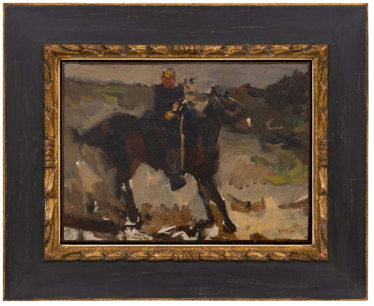 Breitner G.H.  | George Hendrik Breitner | Paintings offered for sale | Hussar on a horse, oil on panel 30.8 x 42.2 cm, signed l.r.
