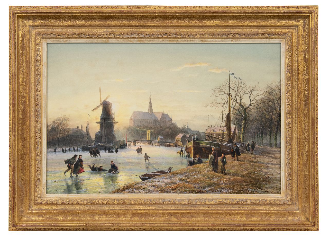 Destrée J.J.  | Johannes Josephus Destrée | Watercolours and drawings offered for sale | Skating on the Spaarne with the windmill De Adriaan and the St. Bavokerk, Haarlem, watercolour on paper 36.5 x 56.6 cm, signed l.r.