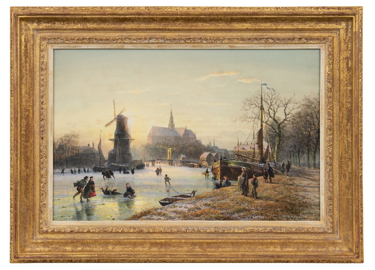 Destrée J.J.  | Johannes Josephus Destrée, Skating on the Spaarne with the windmill De Adriaan and the St. Bavokerk, Haarlem, watercolour on paper 36.5 x 56.6 cm, signed l.r.