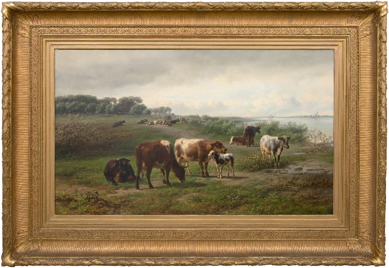 Tom J.B.  | Jan Bedijs Tom | Paintings offered for sale | Cows along a river, possibly the Rhine in Gelderland, oil on canvas 72.3 x 122.5 cm, signed l.r. and dated 1874