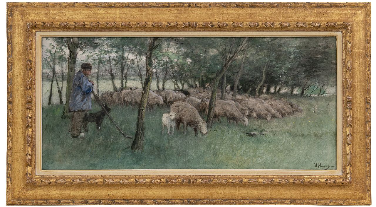 Mauve A.  | Anthonij 'Anton' Mauve | Watercolours and drawings offered for sale | A shepherd with his flock, watercolour on paper 30.5 x 67.0 cm, signed l.r. and painted ca. 1877