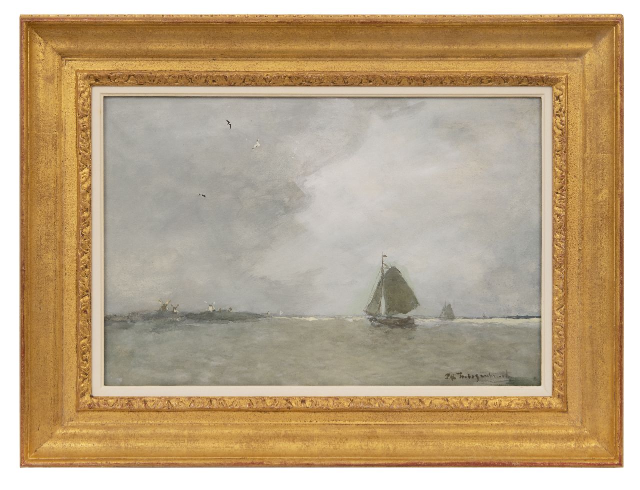 Weissenbruch H.J.  | Hendrik Johannes 'J.H.' Weissenbruch, Sailing ships on the lake, watercolour on paper 34.8 x 52.4 cm, signed l.r.