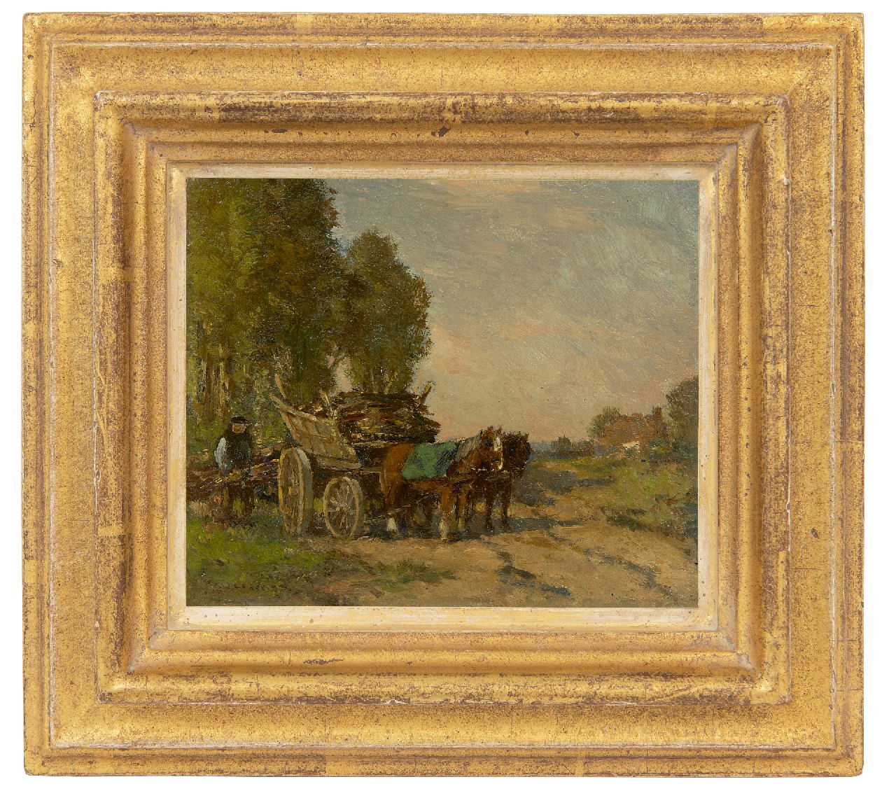 Akkeringa J.E.H.  | 'Johannes Evert' Hendrik Akkeringa | Paintings offered for sale | Gathering wood at the edge of the forest, oil on panel 13.5 x 15.8 cm, signed l.l.