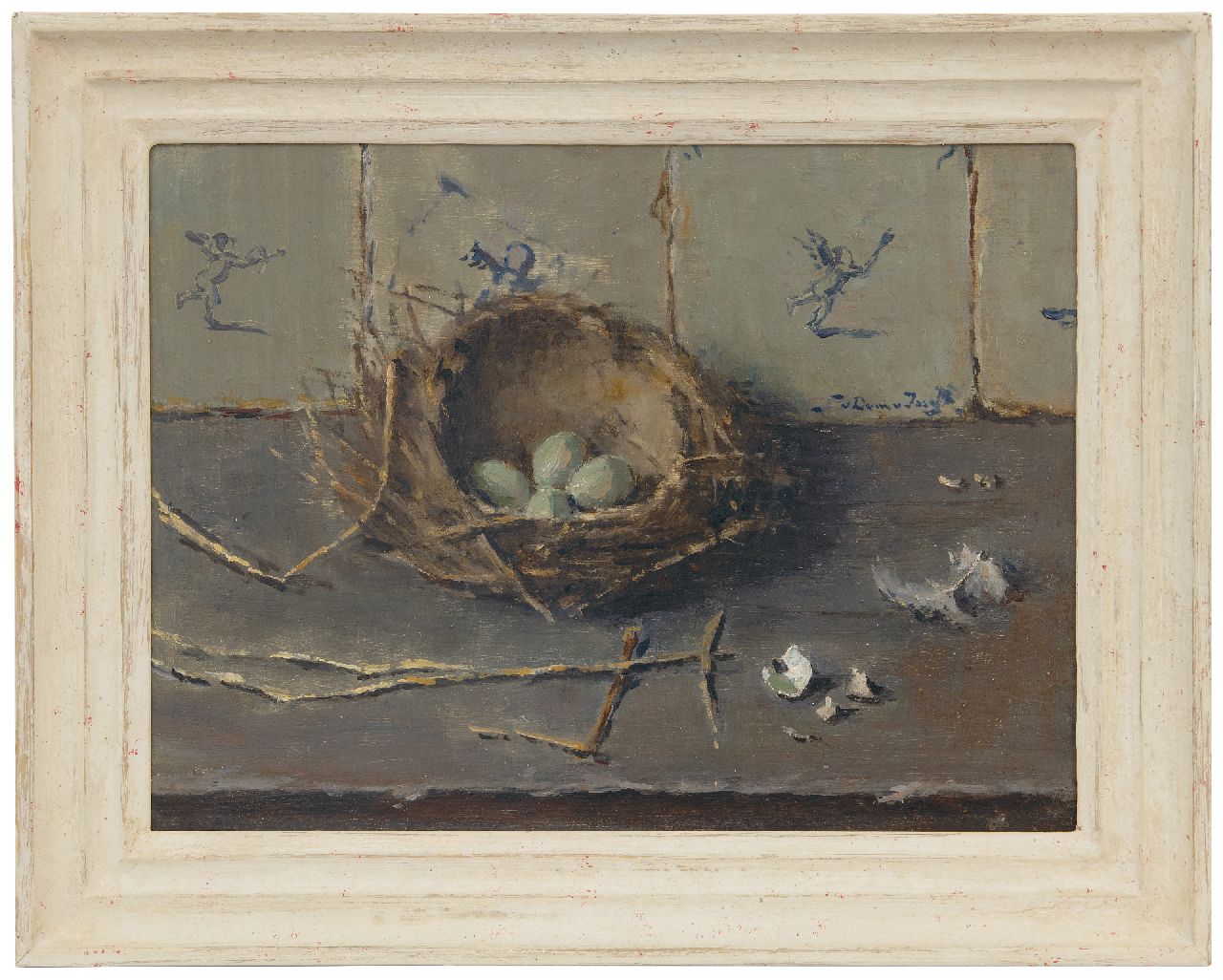 Dam van Isselt L. van | Lucie van Dam van Isselt, Eggs in a bird's nest against a background of old Dutch tiles, oil on panel 30.1 x 40.2 cm, signed c.r.