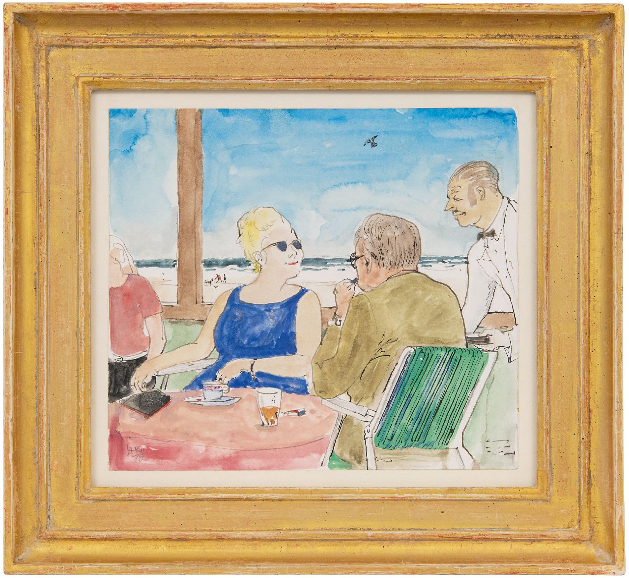 Kamerlingh Onnes H.H.  | 'Harm' Henrick Kamerlingh Onnes | Watercolours and drawings offered for sale | Summer day on a terrace by the sea, pencil, pen and watercolour on paper 21.1 x 24.1 cm, signed l.l. with monogram and dated '75