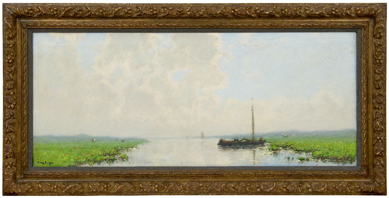Kuijpers C.  | Cornelis Kuijpers, Moored barge in a wide river landscape, oil on canvas 45.7 x 108.6 cm, signed l.l.