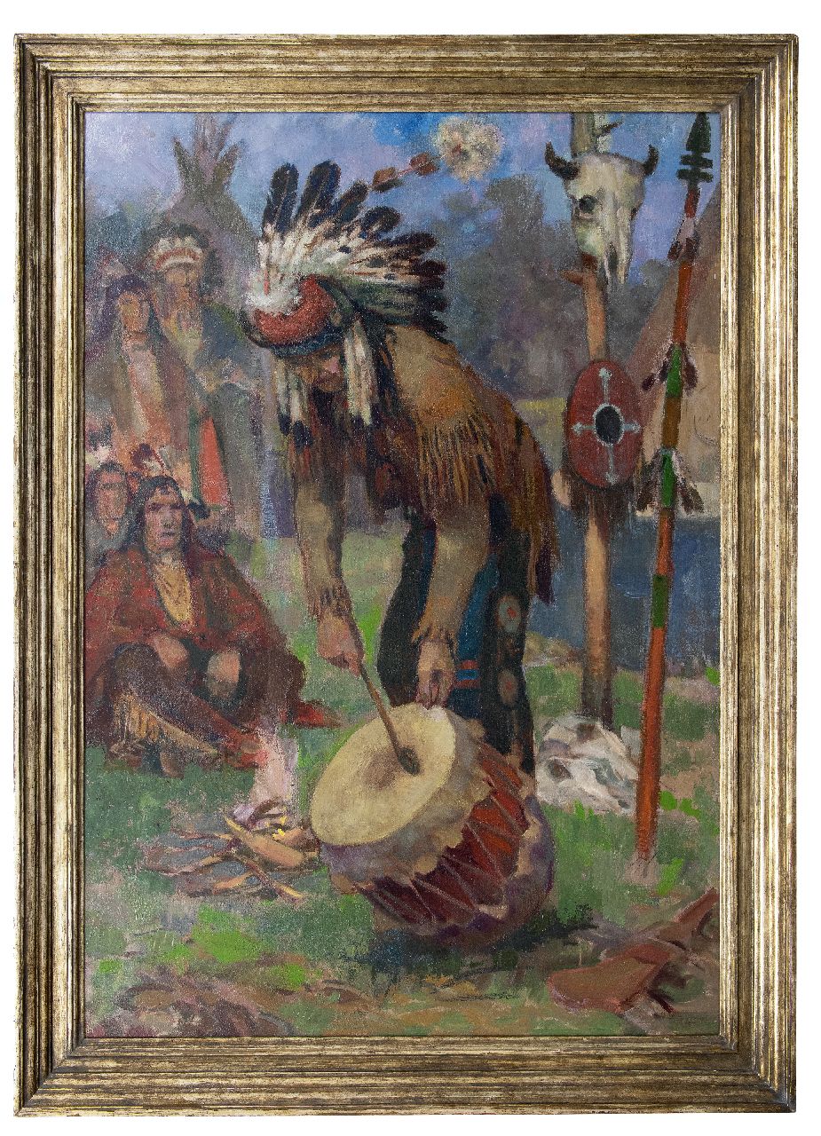 Amerikaanse School, 20e eeuw   | Amerikaanse School, 20e eeuw | Paintings offered for sale | Drumming medicine man of native tribe, oil on canvas 128.0 x 89.8 cm