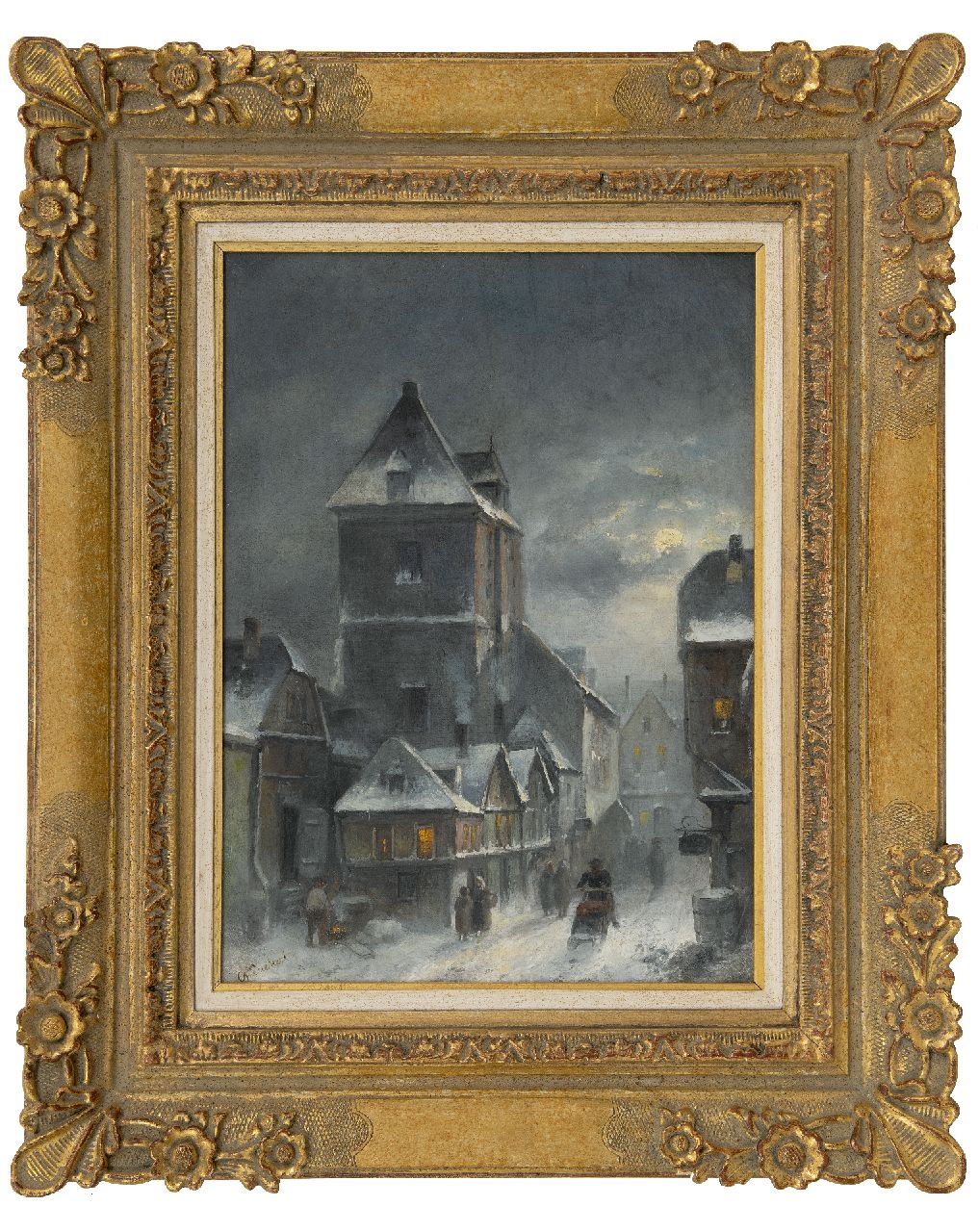 Leickert C.H.J.  | 'Charles' Henri Joseph Leickert | Paintings offered for sale | Winter cityscape at early evening, oil on canvas 42.6 x 30.6 cm, signed l.l. and ca. 1895