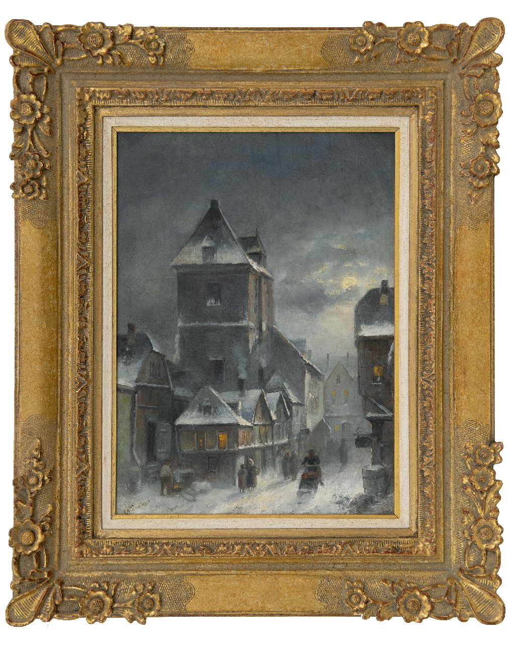 Leickert C.H.J.  | 'Charles' Henri Joseph Leickert, Winter cityscape at early evening, oil on canvas 42.6 x 30.6 cm, signed l.l. and ca. 1895