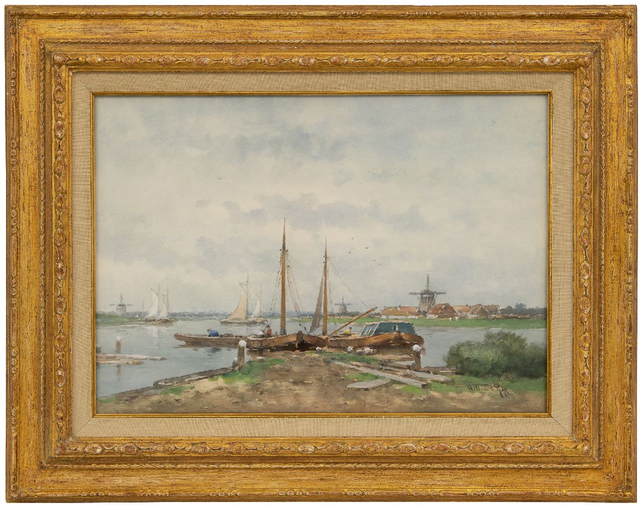 Rip W.C.  | 'Willem' Cornelis Rip | Watercolours and drawings offered for sale | River landscape with moored barges, watercolour on paper 35.5 x 50.7 cm, signed l.r.