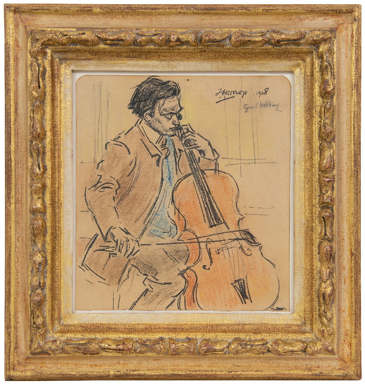 Toorop J.Th.  | Johannes Theodorus 'Jan' Toorop | Watercolours and drawings offered for sale | Gerard Hekking, playing cello, black and coloured chalk on paper 21.6 x 19.7 cm, signed u.r. and dated 1908