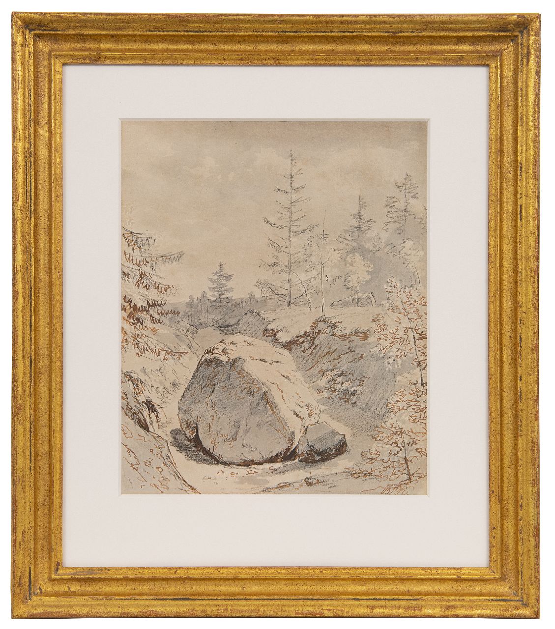 Koekkoek B.C.  | Barend Cornelis Koekkoek, Hilly landscape with boulder, washed ink, brown ink and chalk on paper 26.1 x 21.3 cm, signed l.r. with initials