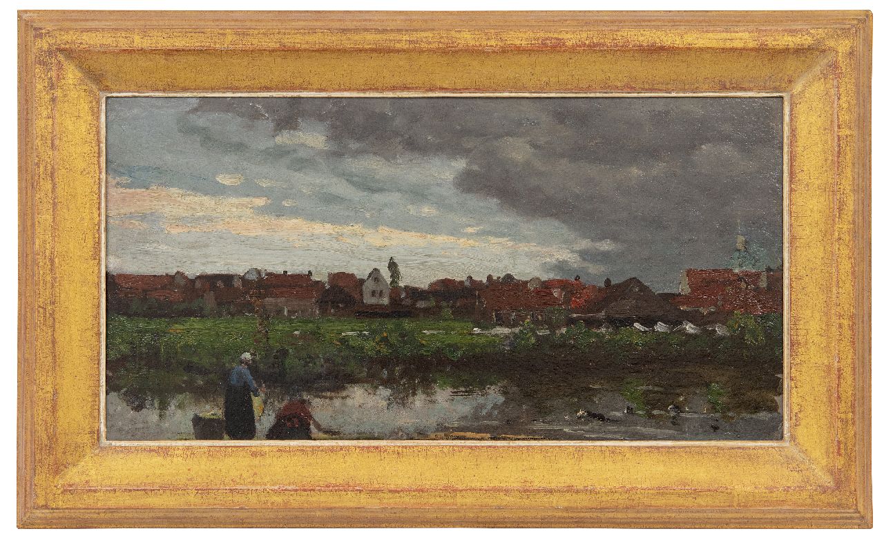 Mesdag H.W.  | Hendrik Willem Mesdag | Paintings offered for sale | Bleaching fields along a river, oil on canvas laid down on panel 29.3 x 56.0 cm, signed l.l. remainder of signature
