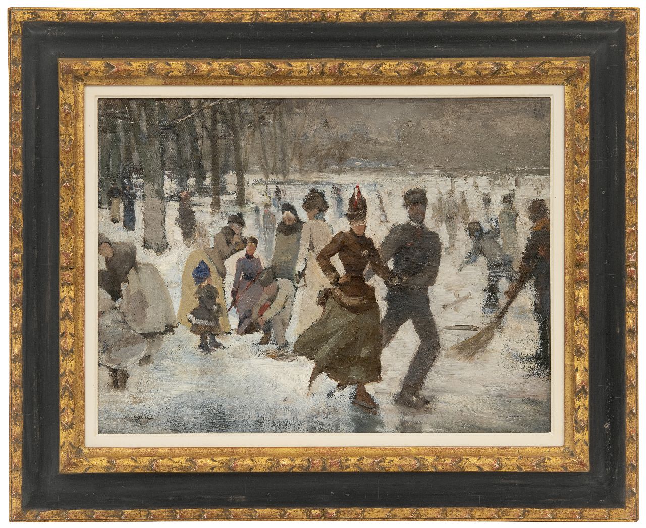 Jonge J.A. de | Johan Antoni de Jonge | Paintings offered for sale | Ice skating on a forest pond, oil on canvas laid down on panel 31.0 x 41.6 cm
